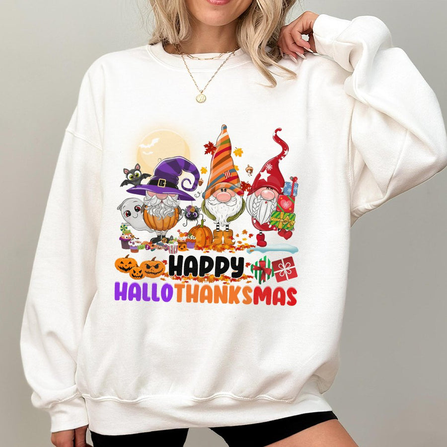 Hallothanksmas Sweatshirt | Cute Gnome Holiday Graphic Print | Premium Cotton Blend Crewneck | Unisex Funny Halloween Thanksgiving Christmas Gift