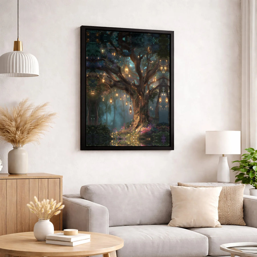 Enchanted Forest Canvas Wall Art | Mystical Tree With Glowing Lanterns | Premium 1.25" Gallery Wrap | Fairy Tale Home Decor Gift