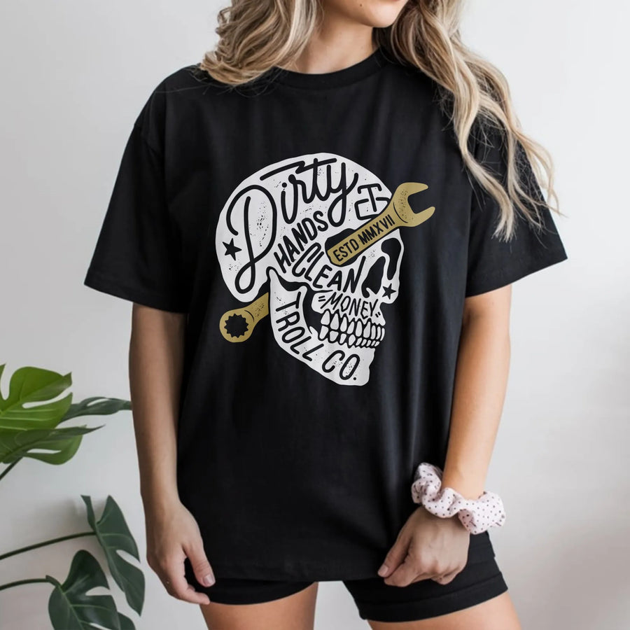 Dirty Hands Clean Money T-Shirt | Mechanic Skull Wrench Graphic Print | Premium Soft Cotton Tee | Perfect Gift For Dad, Blue Collar Worker