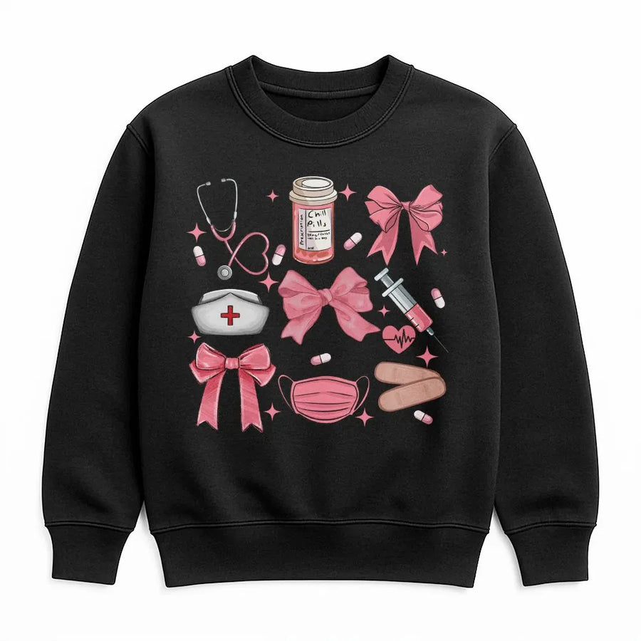 Coquette Nurse Sweatshirt | Aesthetic Pink Bow Graphic Print | Soft Cotton Blend Crewneck | Gift for RN Nursing School Student