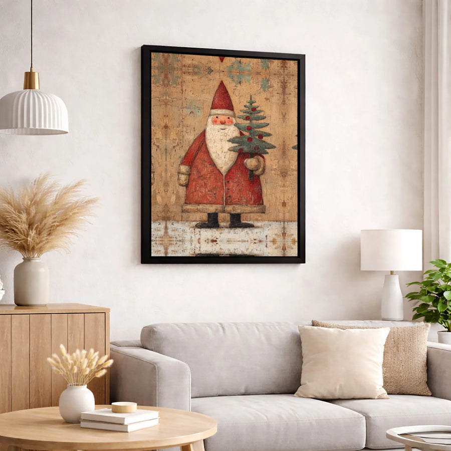 Rustic Folk Art Santa Claus Canvas | Vintage Christmas Tree Wall Decor | Premium 1.25" Gallery Wrap Print | Holiday Home Gift