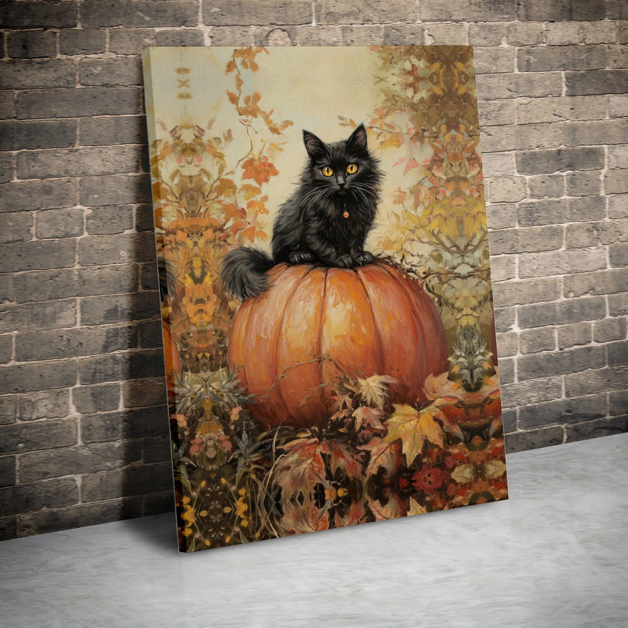 Black Cat Pumpkin Wall Art | Autumn Fall Foliage Oil Painting Style | Premium 1.25" Gallery Canvas | Spooky Halloween Home Decor Gift