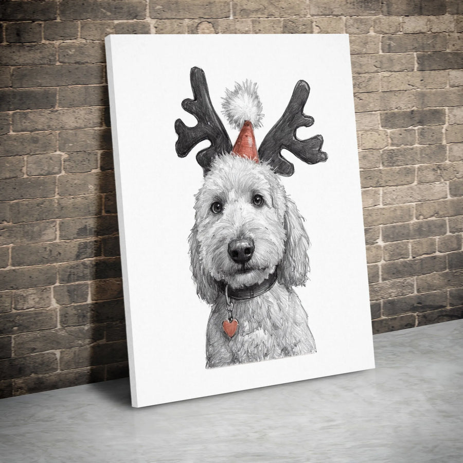 Goldendoodle Christmas Wall Art | Pencil Sketch Dog with Reindeer Antlers | Premium Gallery Wrap Canvas | Festive Holiday Home Decor Gift