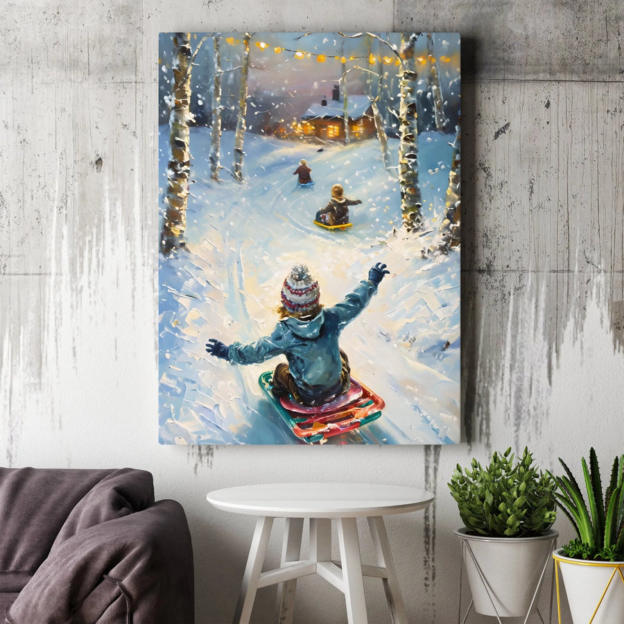 Kids Sledding Canvas Wall Art | Impressionist Winter Snow Landscape | Premium Gallery Wrap Print | Festive Holiday Home Decor