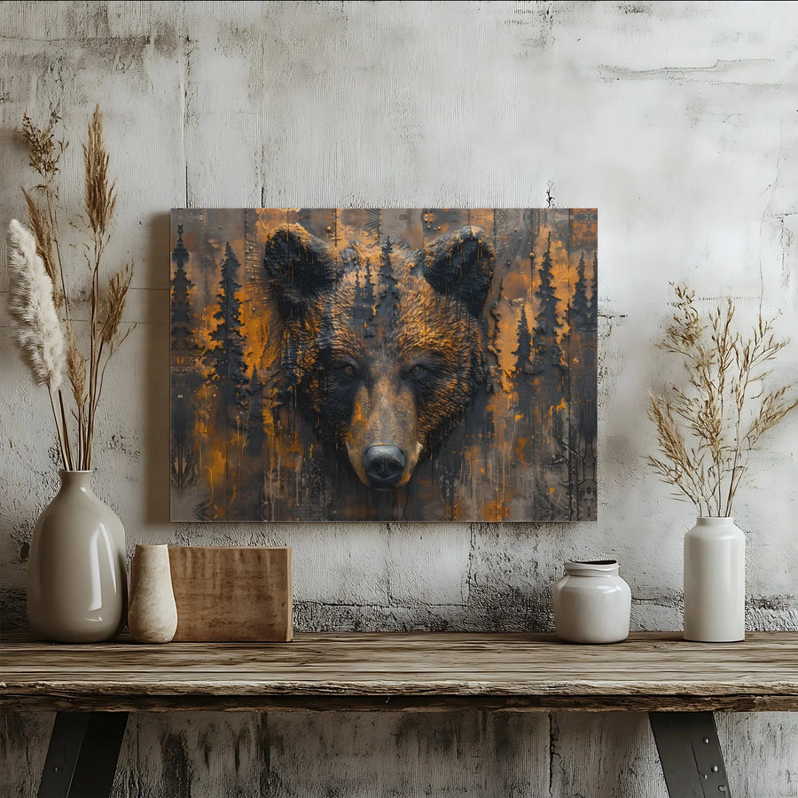 Rustic Bear Forest Canvas Wall Art | Double Exposure Wildlife Portrait | Premium 1.25" Gallery Wrap | Nature-Inspired Home Decor Gift