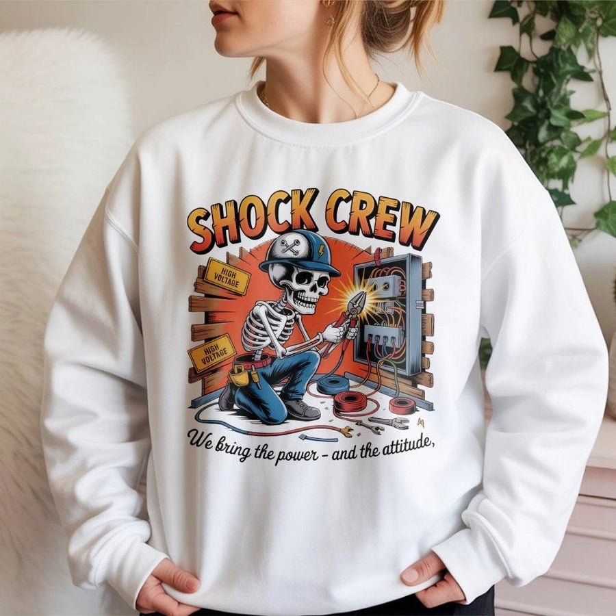 Electrician Sweatshirt | Shock Crew Skeleton Lineman Graphic | Premium Cotton Blend Workwear | Funny Gift For Electrical Contractor Tradesmen