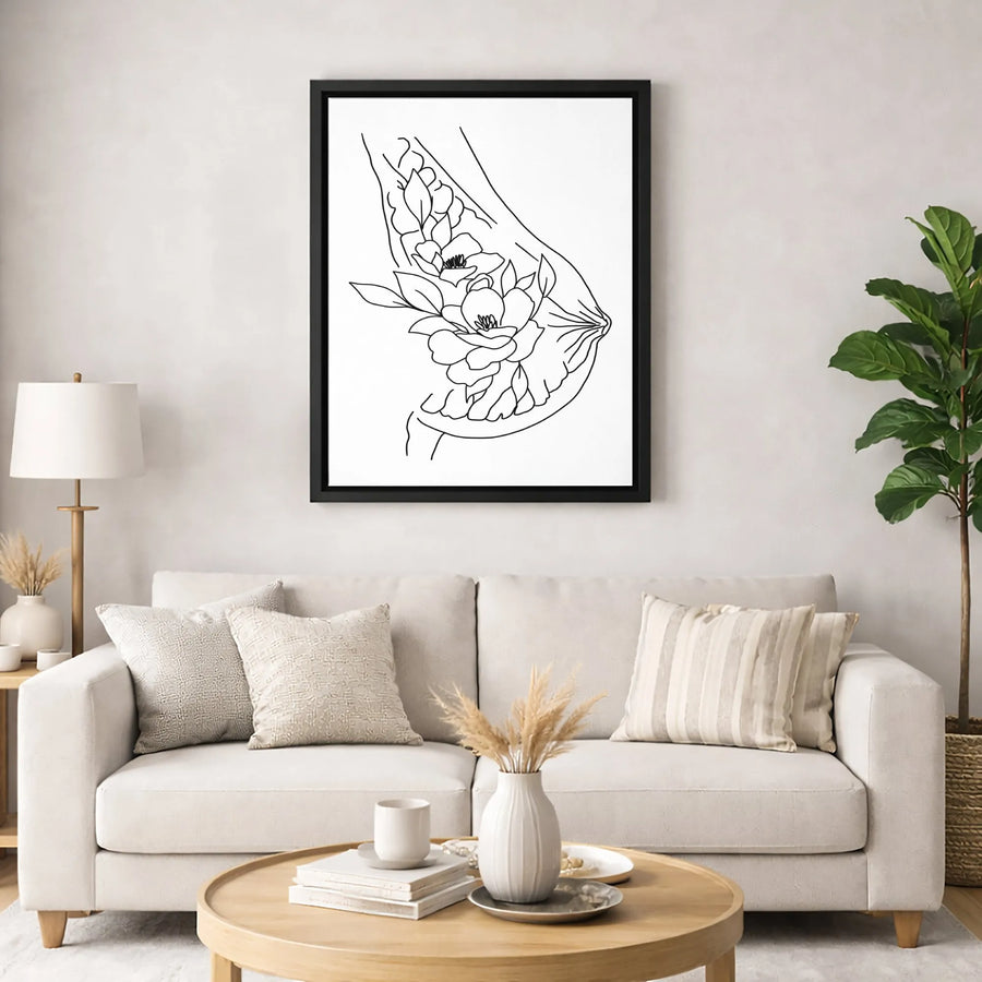 Floral Breast Line Art Canvas | Minimalist Botanical Woman Body Print | Gallery-Quality 1.25 inch Thick Wall Decor | Feminine Aesthetic Home Gift