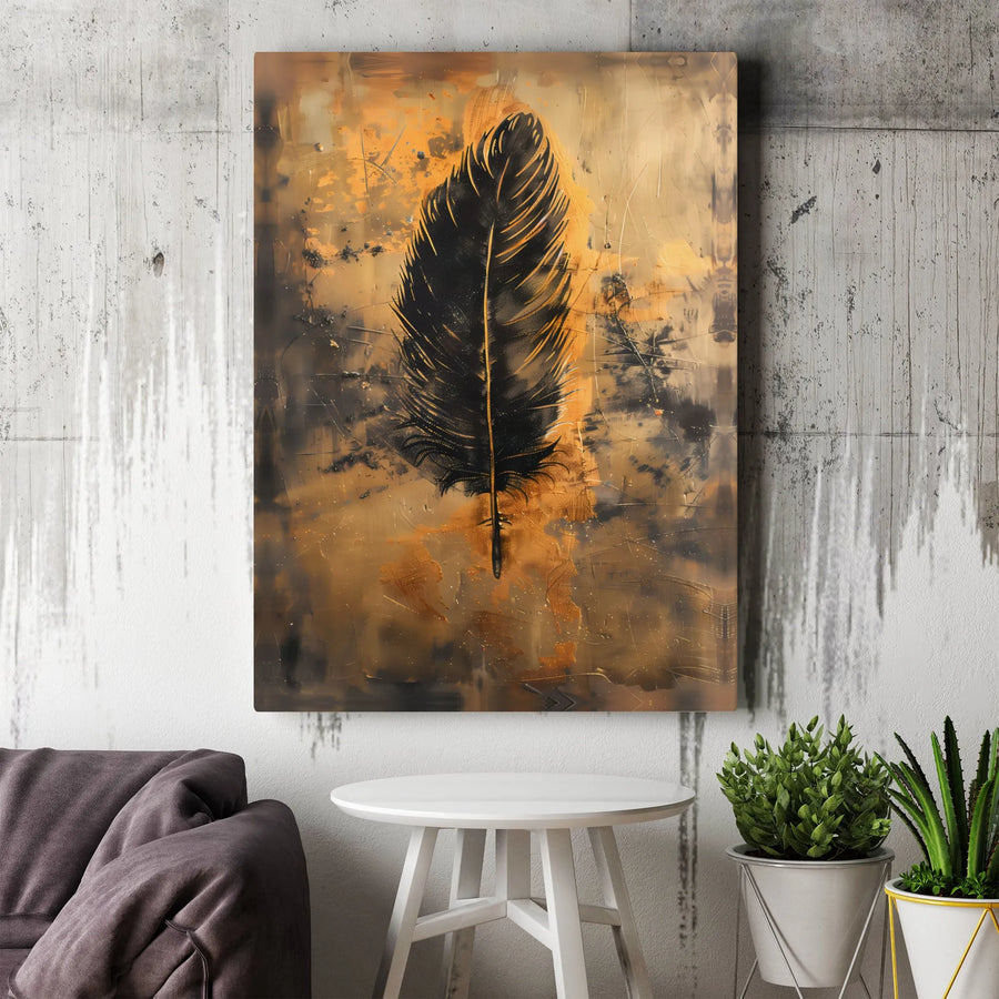 Abstract Black Feather Canvas Print | Gold and Black Textured Wall Art | Premium Gallery Wrapped Canvas | Modern Living Room & Office Decor Gift