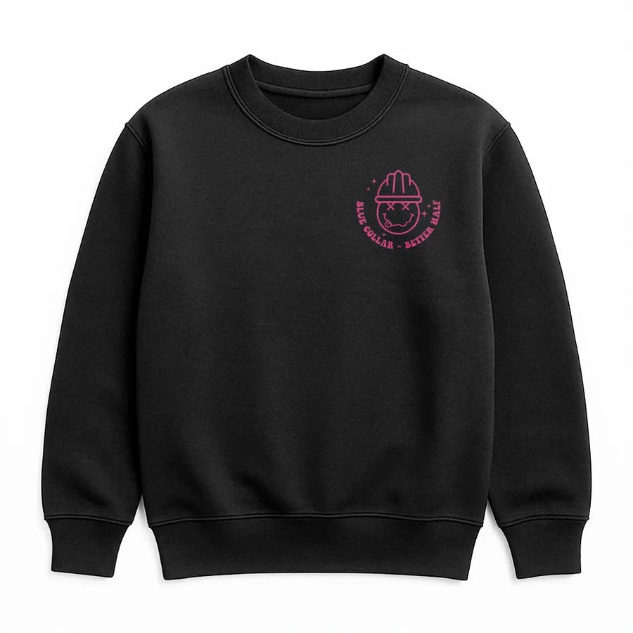 Blue Collar Wife Graphic Sweatshirt | Hard Hat Smiley Face Design | Premium Cotton Shirt | Gift for Tradesman's Better Half