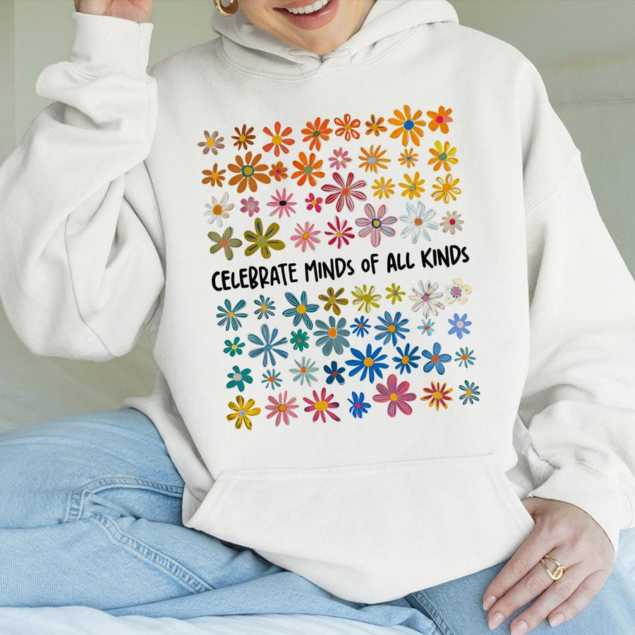 Celebrate Minds Of All Kinds Hoodie | Floral Neurodiversity Awareness Print | Premium Cotton Blend | Gift For Autism ADHD Acceptance Supporters