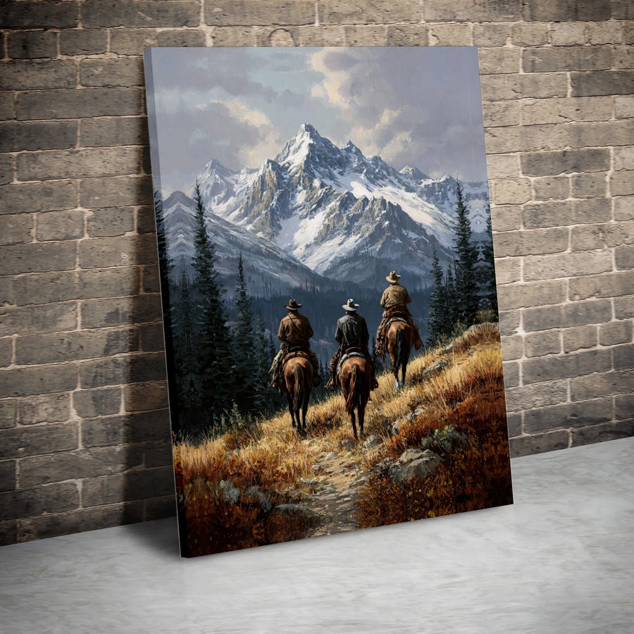 Western Wall Art Canvas | Three Cowboys Riding Snowy Mountains Print | Premium Gallery Wrapped Decor | Rustic Cabin & Office Gift