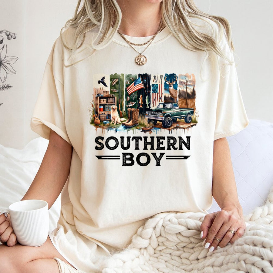 Southern Boy Hunting T-Shirt | Retro Outdoors Graphic With Deer, Dog, And Truck | Premium 100% Cotton | Country Lifestyle Gift For Him
