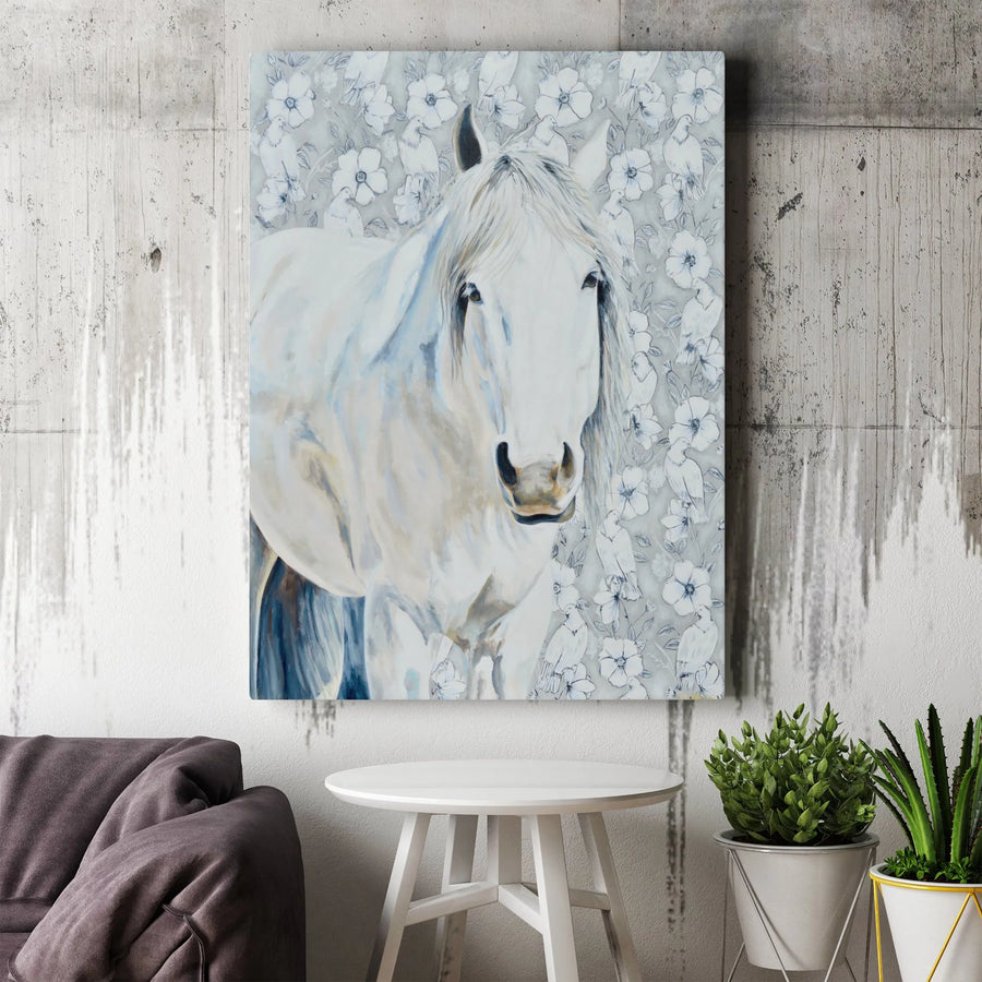 White Horse Canvas Wall Art | Watercolor Painting with Floral & Dove Pattern | Premium Gallery Wrapped Canvas | Equestrian Home Decor Gift