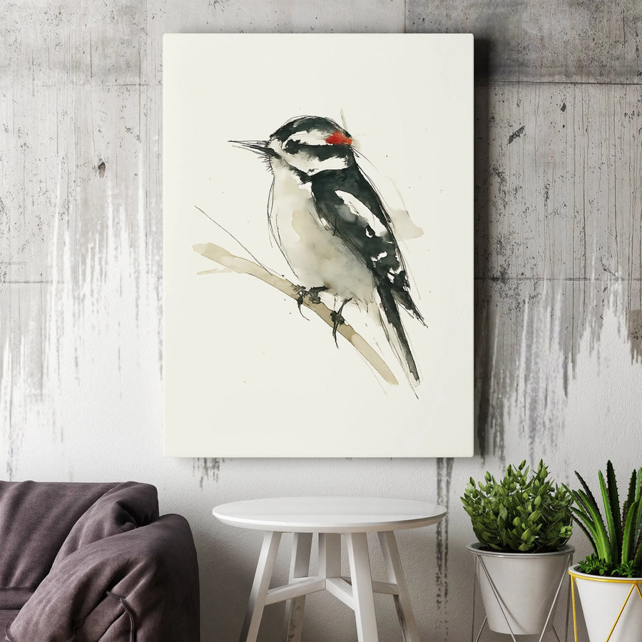 Downy Woodpecker Wall Art | Watercolor Ink Bird Illustration | Premium Gallery Wrap Canvas | Nature Lover Home Decor Gift