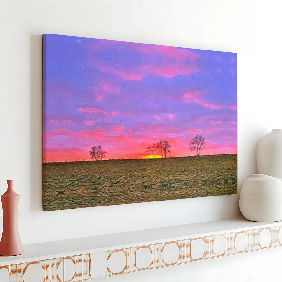 Vibrant Sunset Canvas Print | Impressionist Countryside Painting | Premium Fade-Resistant Ink | Modern Farmhouse Wall Decor Gift