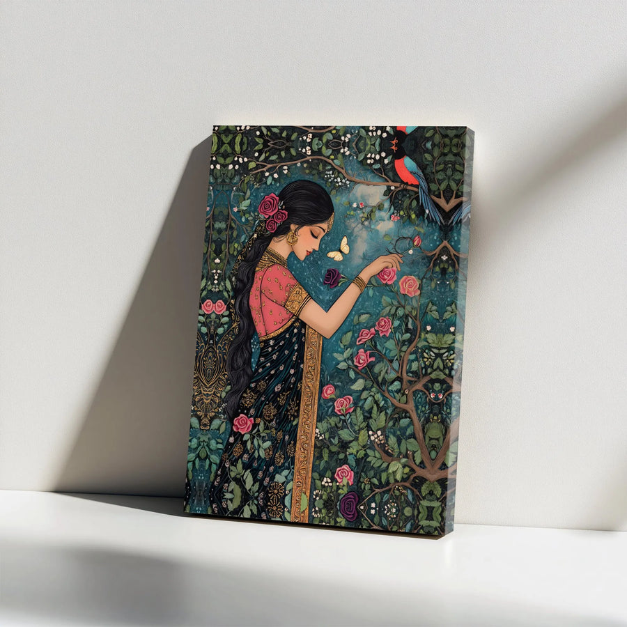 Indian Saree Portrait Vertical Canvas | Woman in Rose Garden with Peacock Art | Premium 1.25 Inch Frameless Gallery Wrap | Exotic Botanical Cultural Wall Decor Gift