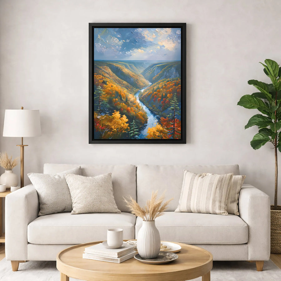 Autumn River Valley Canvas Wall Art | Impasto Fall Foliage Landscape | Premium Fade-Resistant Print | Gallery-Quality Home Decor Gift