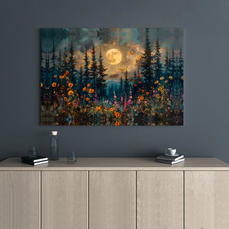 Full Moon Pine Forest Wall Art | Enchanted Wildflower Meadow Canvas Print | Premium Gallery Wrapped Decor | Nature Lover Gift