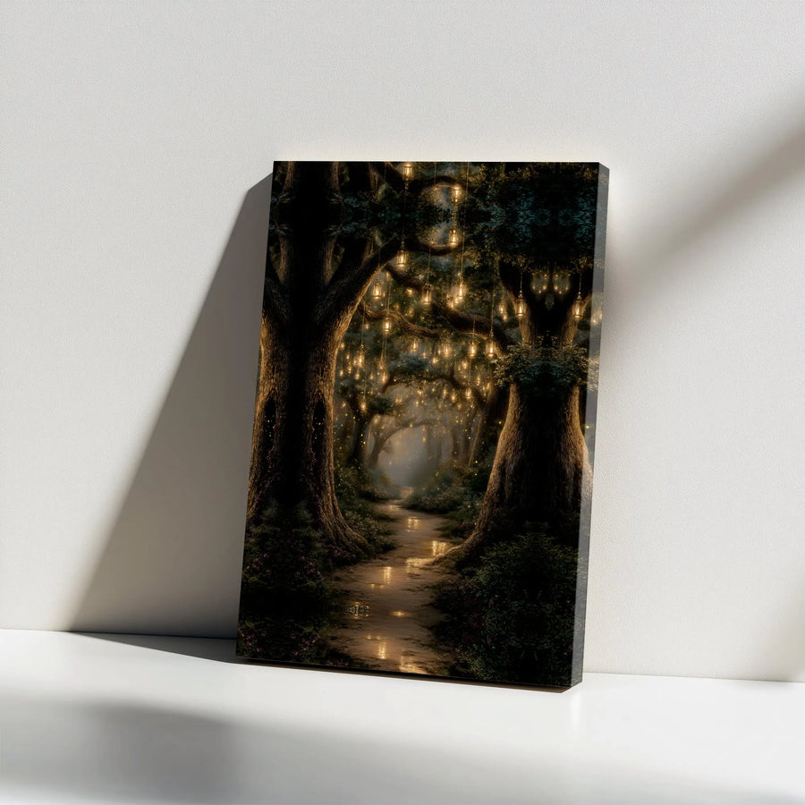 Enchanted Forest Canvas Art | Glowing Lantern Pathway with Fireflies | Premium Gallery Wrapped Canvas | Mystical Fantasy Home Decor Gift