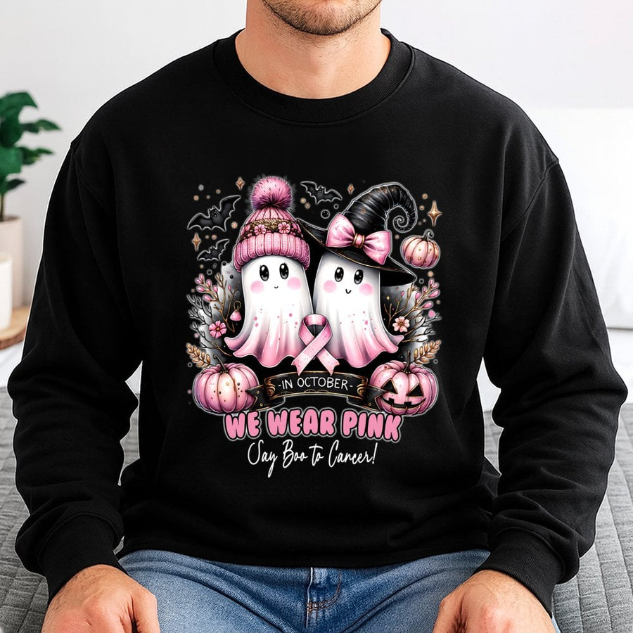 Breast Cancer Awareness Sweatshirt | Halloween Ghost Pumpkin Design | Premium Cotton Blend | October Pink Ribbon Gift for Women & Survivors