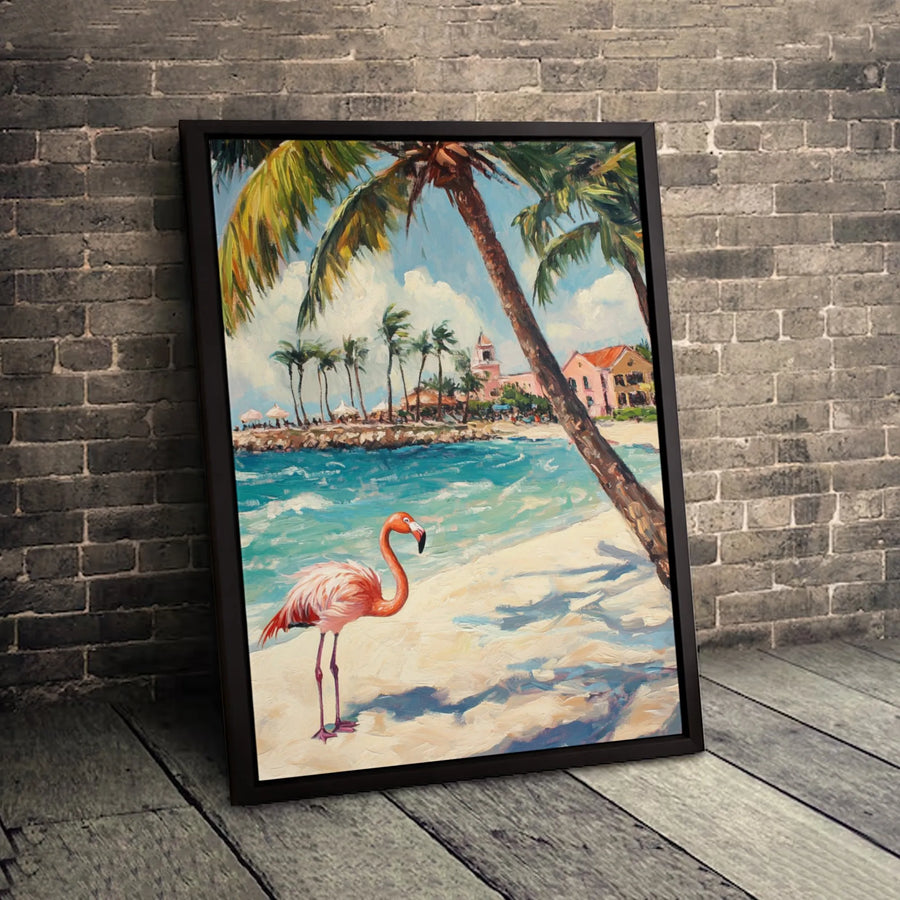 Pink Flamingo Wall Art | Tropical Beach Landscape Oil Painting | Premium Gallery Wrapped Canvas | Coastal Home Decor Gift