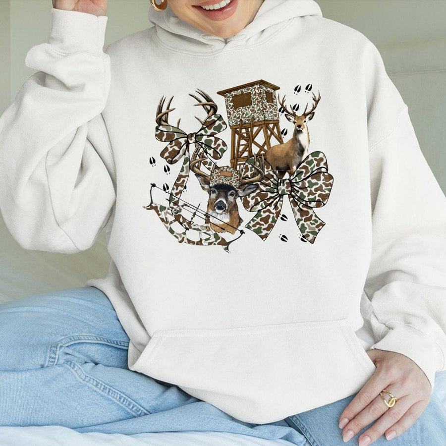 Hunting Season Hoodie | Camo Deer and Bow Coquette Bow Graphic | Premium Cotton Blend | Gift for Hunter Women and Men