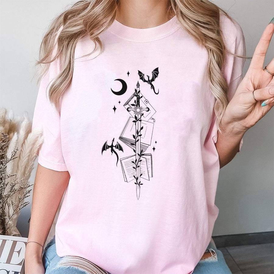 Fantasy Dragon Rider T-Shirt | Bookish Sword and Moon Aesthetic Graphic | 100% Soft Cotton Premium Tee | Gift for Fantasy Readers and Book Lovers