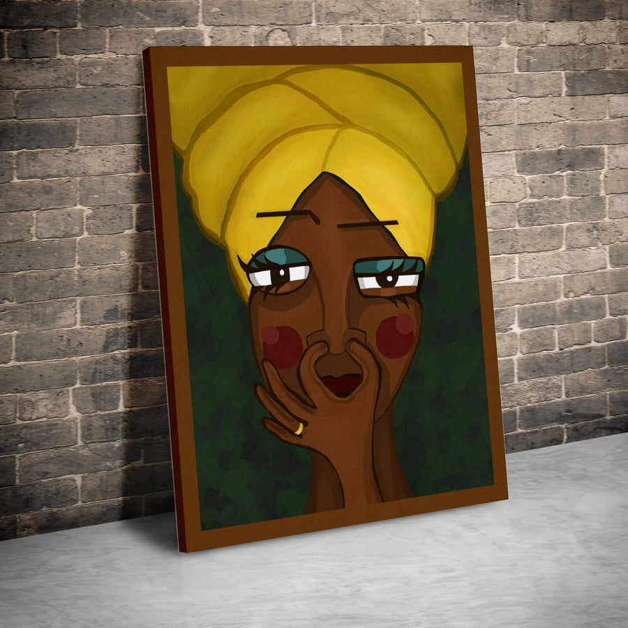 Abstract Black Woman Canvas Wall Art | Vibrant Female Portrait with Yellow Head Wrap | Premium Gallery Canvas | Modern Home Decor Gift