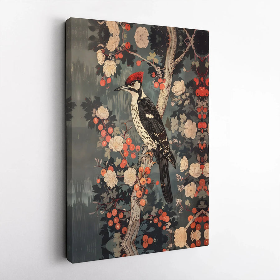Woodpecker Canvas Wall Art | Botanical Bird Illustration With Red Berries | 1.25" Gallery Wrap Premium Print | Nature Home Decor For Bird Lovers