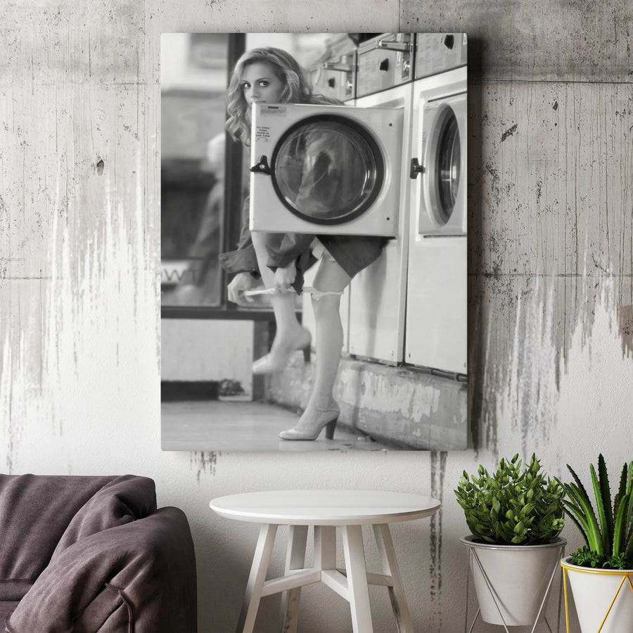 Retro Pin-Up Girl Canvas Print | Black and White Laundromat Photography | Premium Gallery Wrapped Wall Art | Modern Man Cave & Garage Decor Gift
