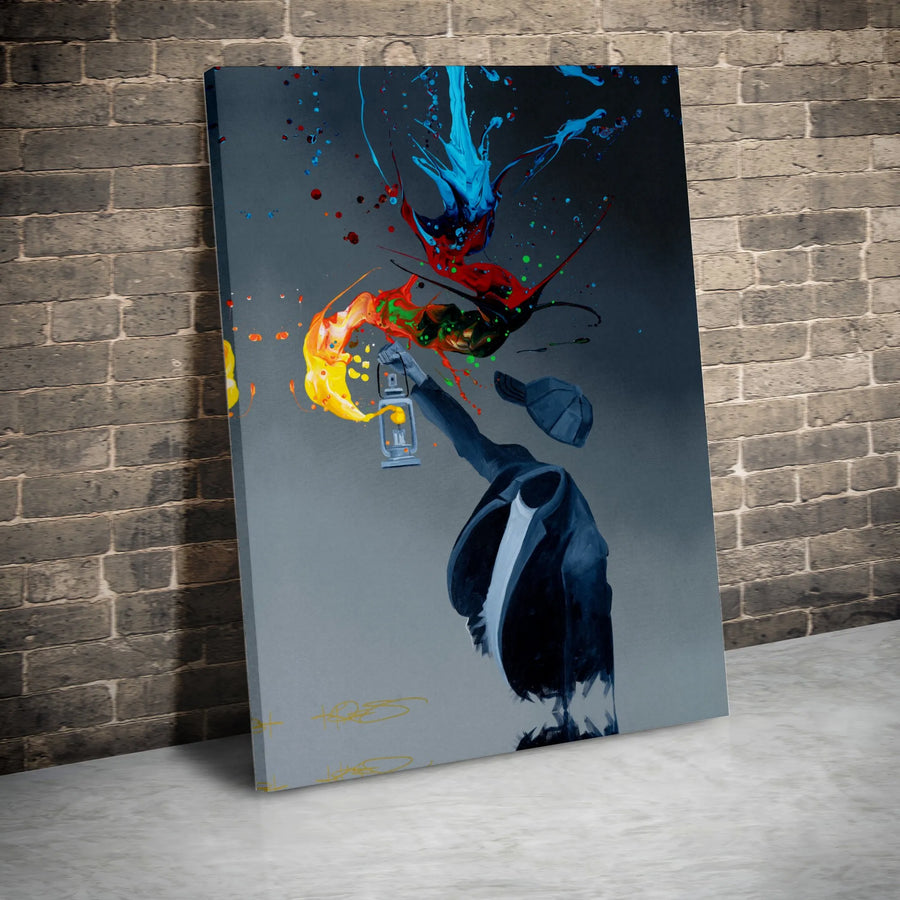 Invisible Man Canvas Wall Art | Colorful Paint Splash Lantern Decor | Premium Gallery Wrap Print | Modern Surreal Office & Living Room Gift