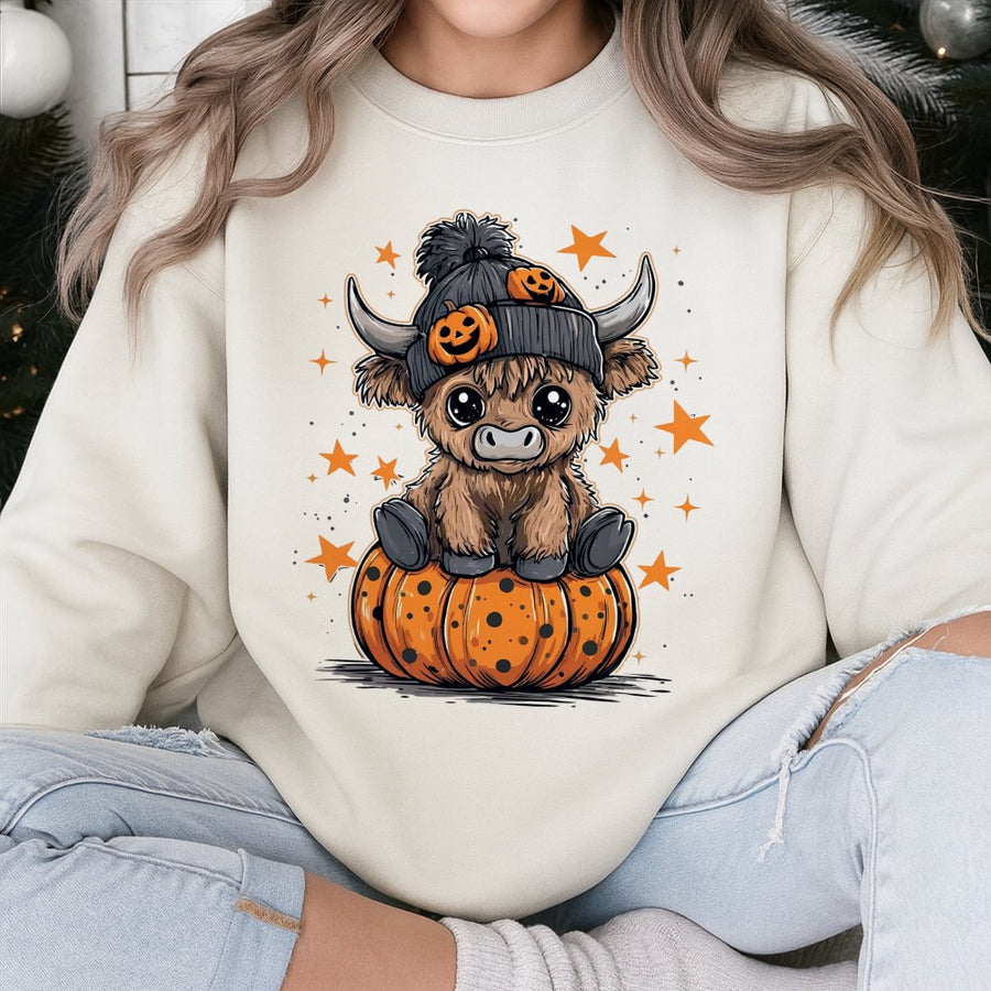 Halloween Highland Cow Sweatshirt | Cute Pumpkin Moo Boo Graphic | Premium Cotton Blend Fall Pullover | Trendy Holiday Gift for Women