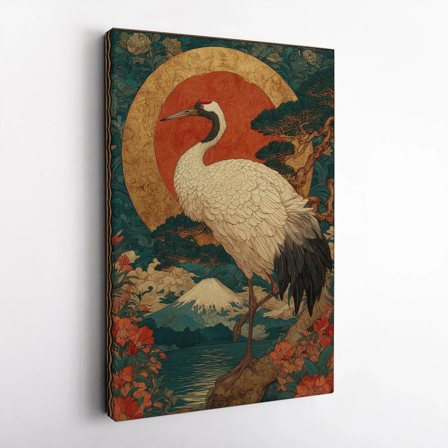 Japanese Red Crowned Crane Canvas Wall Art | Mount Fuji Sun Landscape Print | Premium Gallery-Wrapped Decor | Elegant Zen Home Office Gift