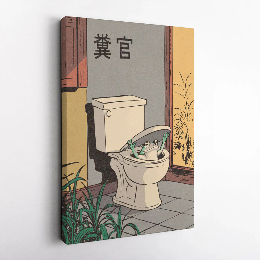Funny Frog In Toilet Canvas Art | Ukiyo-E Style Japanese Print | Premium 1.25 Inch Gallery Wrap | Whimsical Bathroom Decor Wall Art Gift