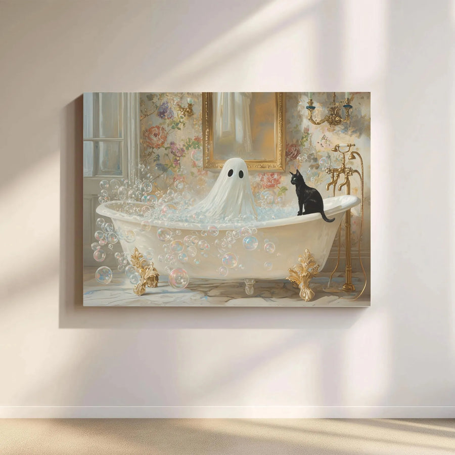 Ghost in Bathtub with Black Cat Canvas | Whimsical Spooky Bathroom Wall Art | Premium Gallery Wrapped Print | Unique Halloween Home Decor Gift