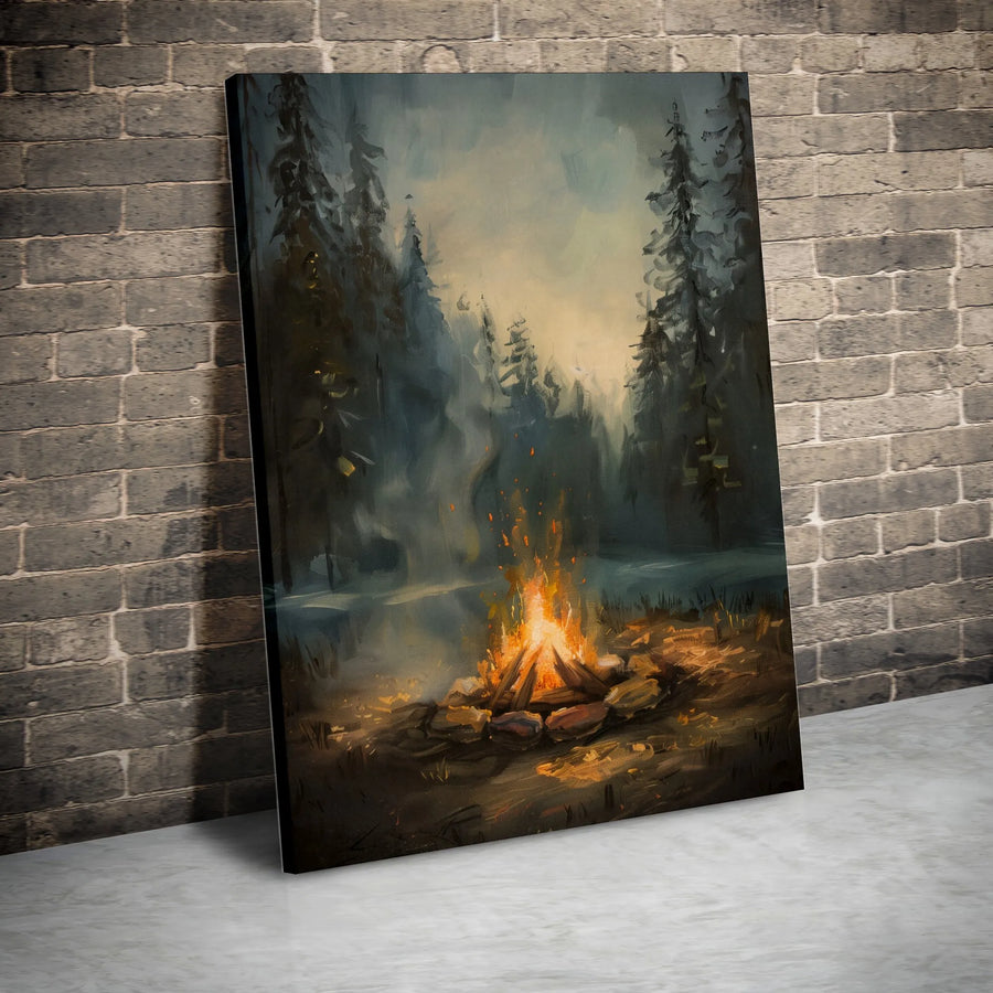 Campfire Forest Canvas Wall Art | Misty Pine Landscape Painting | Premium Gallery Wrap Print | Rustic Cabin Decor Gift for Nature Lovers