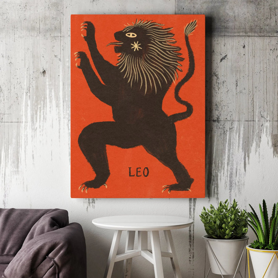 Leo Zodiac Wall Art | Mid-Century Modern Lion Illustration | Premium Gallery Wrapped Canvas | Astrology Gift for Him and Her