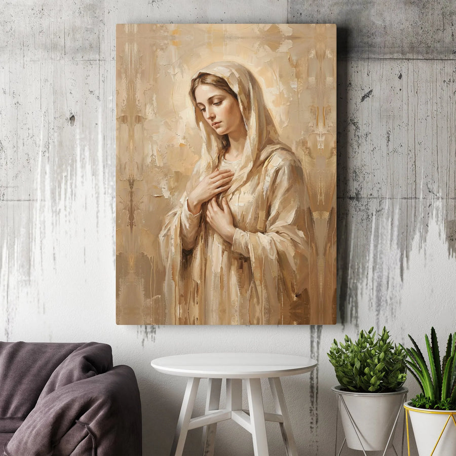 Virgin Mary Canvas Wall Art | Modern Christian Portrait Painting | Premium Gallery Wrapped Canvas | Religious Home Decor Gift for Catholics
