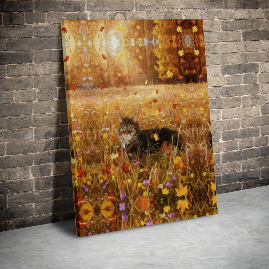 Tabby Cat Canvas Wall Art | Impressionist Autumn Meadow Landscape | Premium Fade-Resistant Gallery Wrap | Cozy Fall Home Decor Gift