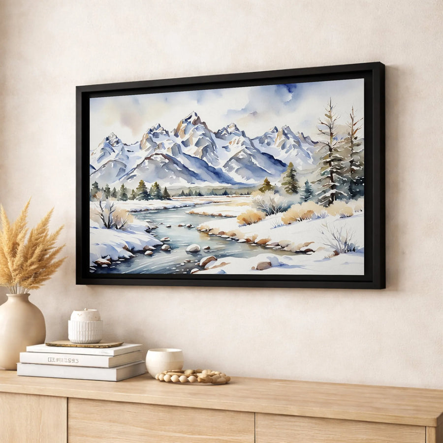 Winter Mountain Landscape Canvas | Watercolor Snow Scenery Art | Premium 1.25" Gallery Wrap | Nature Home Decor Gift for Cabin