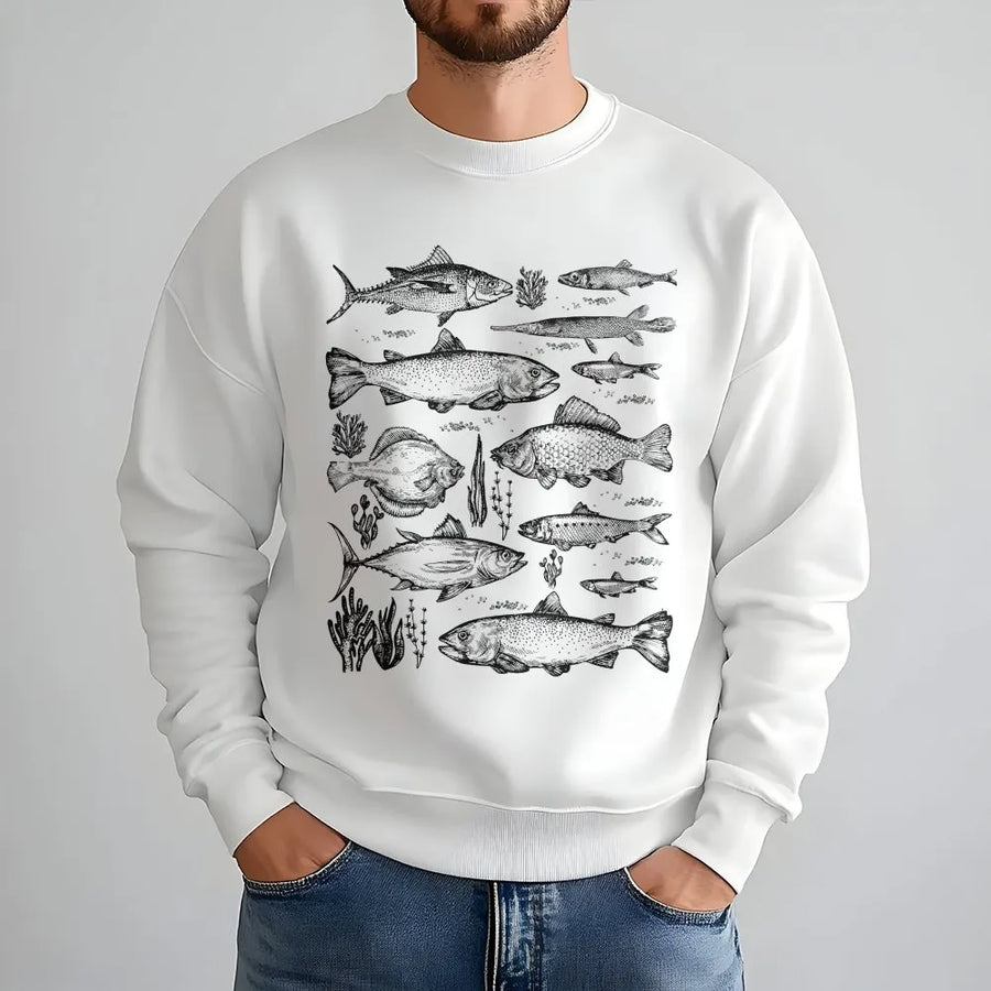 Vintage Fish Illustration Sweatshirt | Scientific Sketch Graphic Print | Premium Cotton Blend Crewneck | Outdoor Fishing Gift For Men & Women
