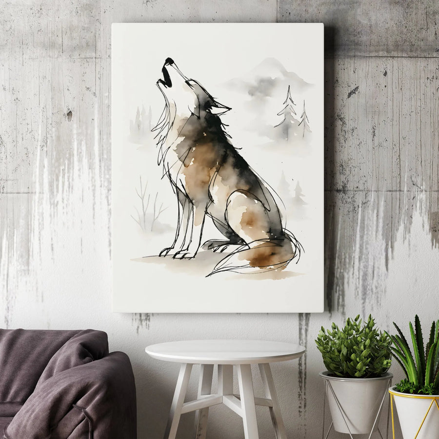 Howling Wolf Canvas Wall Art | Minimalist Watercolor Ink Sketch | Premium Gallery Wrap Print | Nature Inspired Rustic Home Decor Gift