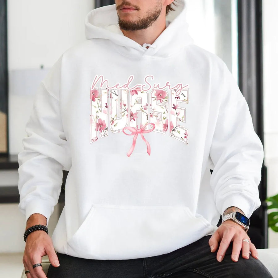 Med Surg Nurse Hoodie | Aesthetic Floral Bow Graphic | Soft Cotton Tee | Nurse Graduation Gift for Medical Student