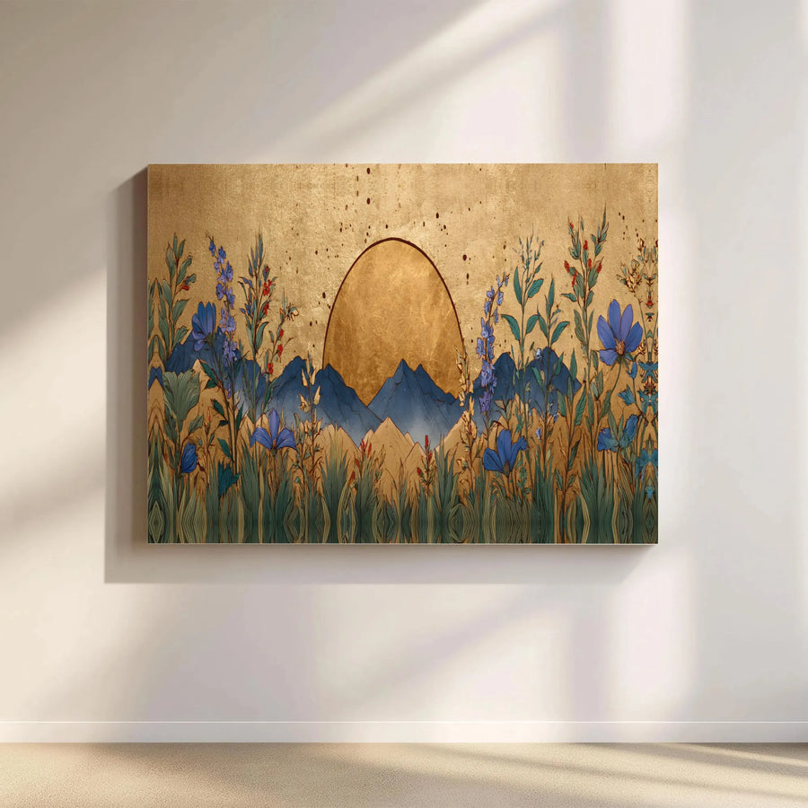 Mountain Wildflower Canvas Art | Golden Sun & Mountain Landscape | Premium Canvas Print | Japanese Inspired Living Room Wall Decor Gift