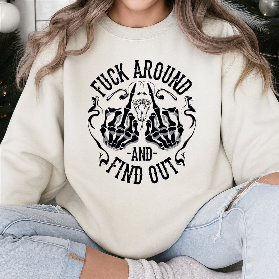 Fuck Around And Find Out Sweatshirt | Skeleton Hands Middle Finger Graphic | Premium Cotton Blend | Edgy Sarcastic Gift For Men And Women