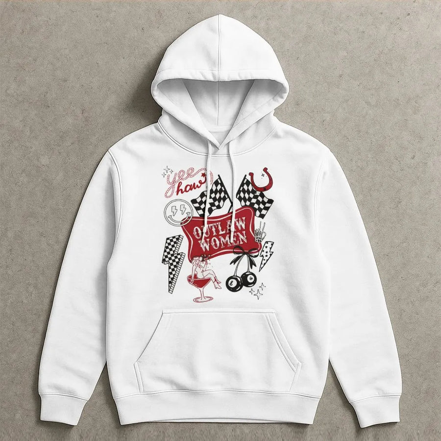 Outlaw Women Western Hoodie | Retro Cowgirl Checkerboard Graphic | Premium Cotton Blend | Gift For Country Music Fans