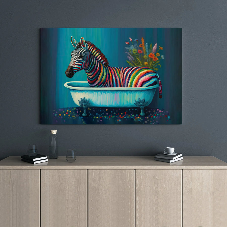 Rainbow Zebra Canvas Wall Art | Whimsical Animal in Bathtub Decor | Premium Gallery Wrapped Print | Unique Gift for Animal Lovers
