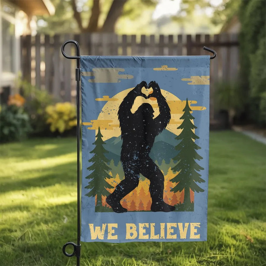 Bigfoot We Believe Garden Flag | Retro Sasquatch with Heart Hands | Double Sided Polyester | Outdoor Yard Decor Gift for Believers