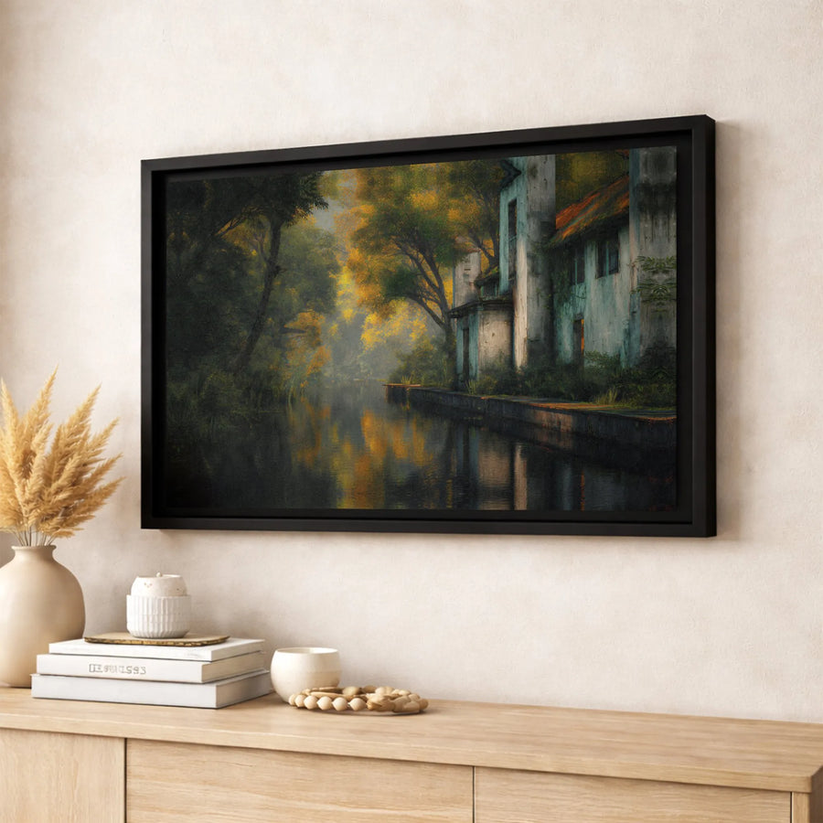 Misty Canal Landscape Canvas Wall Art | Moody Autumn Forest & Old House Print | Premium Gallery Wrap 1.25" Thickness | Nature Home Decor Gift