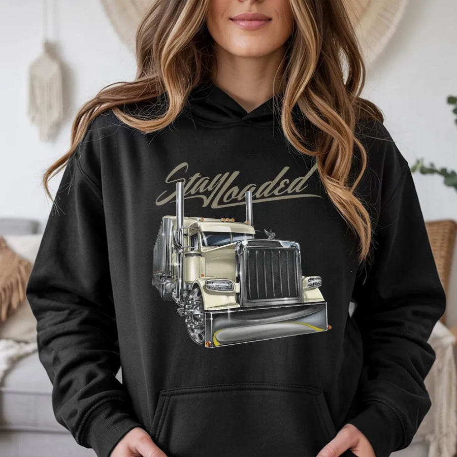 Stay Loaded Trucker Hoodie | Semi Truck Graphic Design | Premium Cotton-Polyester Blend | Gift For Truck Drivers And Big Rig Enthusiasts